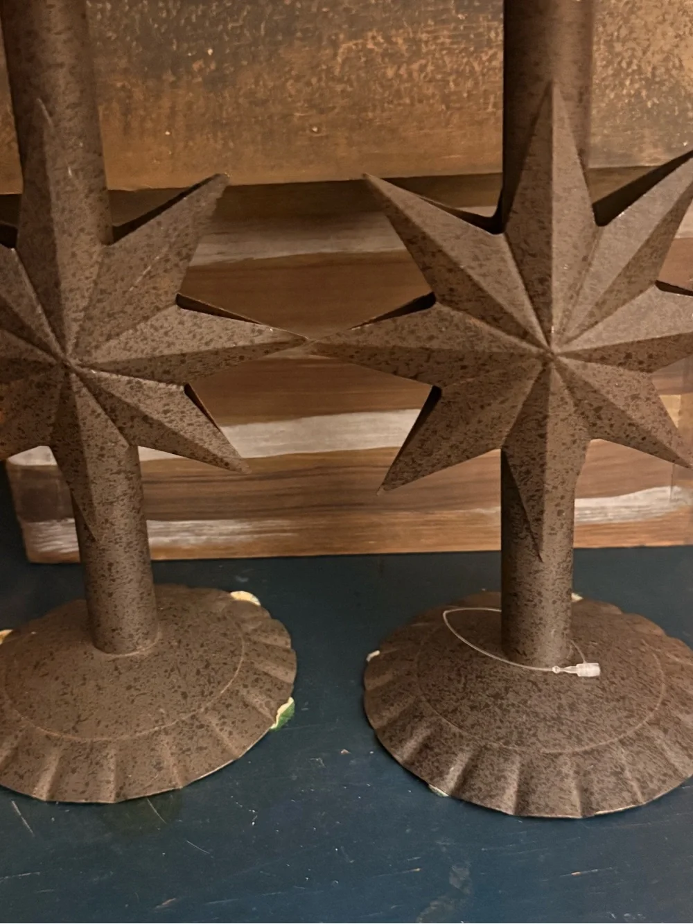 Rustic Vintage Starburst Metal Candle Holders - Pair, Brown